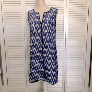 J. Crew sleeveless shift dress in purple & white print.